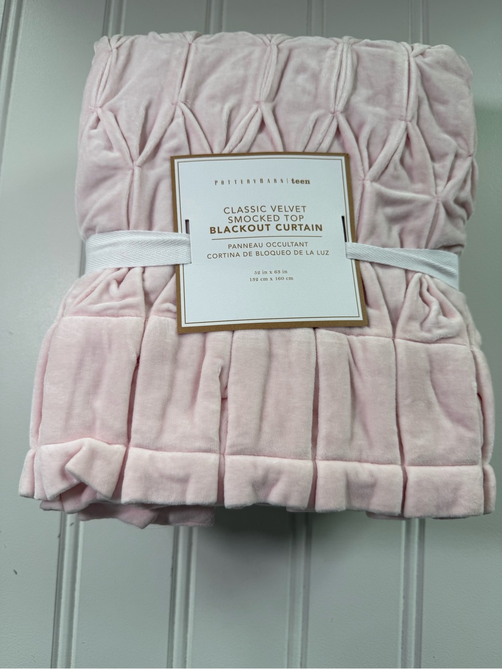 Pottery Barn Teen Velvet Smocked Top Blackout Curtain Blush Pink 63" NEW